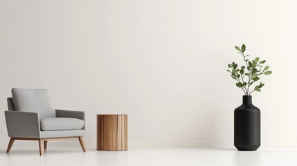 A realistic photo of a minimalist room with a modern gray armchair on the left, accented by a wooden side table and an elegant black vase with greenery. The clean lines and simplicity convey a