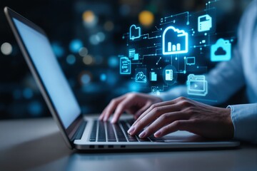 Hands typing on laptop, glowing digital icons above, futuristic style, blurred background, concept of cloud computing, data technology. Ai generative