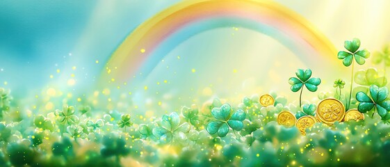 Fototapeta premium St Patrick's Day floats decoration concept. Golden rainbow float, vibrant clover garden and shimmering gold coins, magical celebration, Watercolor style