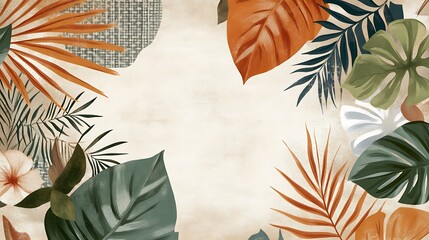 Naklejka premium Artistic Tropical Leaves Frame Beige Background