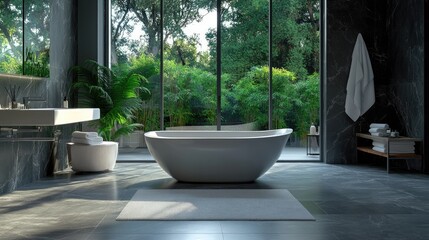 Fototapeta premium A realistic photo of a luxurious bathroom featuring sleek gray marble tiles and an elegant freestanding bathtub, bathed in natural light from large windows The serene space is designed with modern