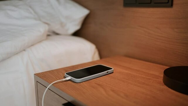 Smartphone charging with energy bank on nightstand at night. Time to recharge. High quality FullHD footage