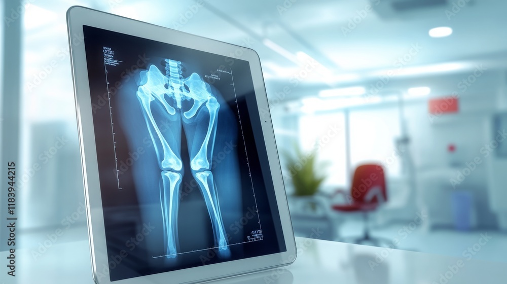 Poster A digital display showcases a clear X-ray image of knees on a tablet device.