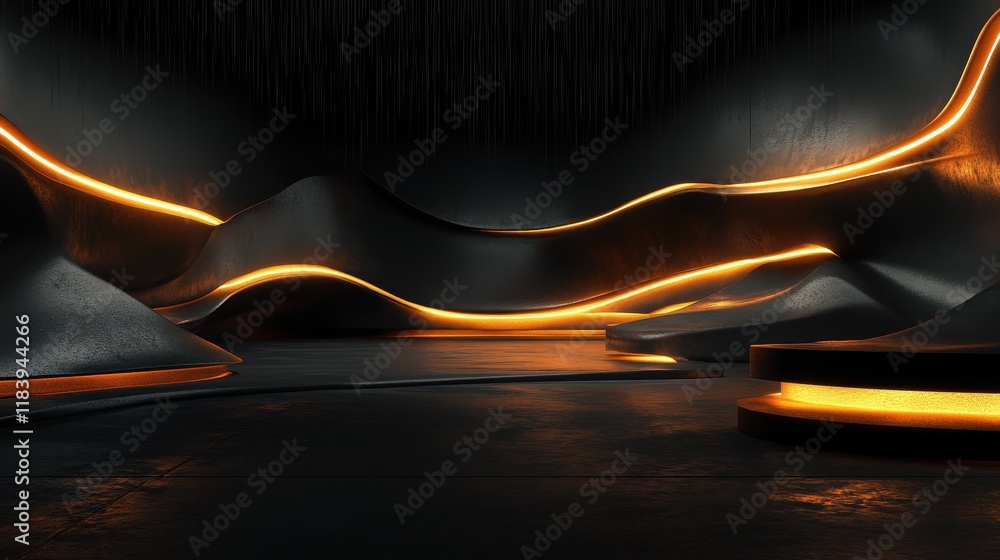 Poster abstract technological backdrop with glowing waves and geometrical figures and empty space for your 