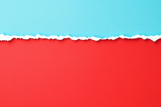 White torn paper edge dividing vibrant blue and red colors, minimalistic style, on a flat background. Concept of contrast or separation. Ai generative