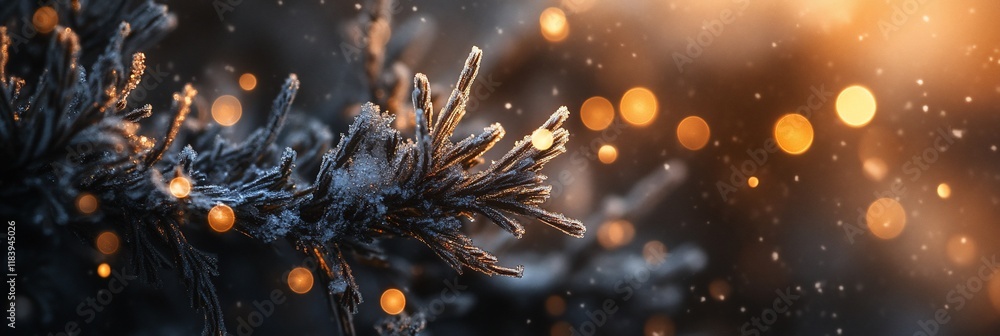 Poster Close-up of a frost-covered pine branch with bokeh lights in the background.