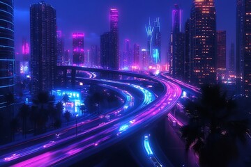Fototapeta premium Night cityscape with neon lights and highway traffic.