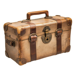 Vintage suitcase with leather straps, elegantly displayed on a white background, perfect for travel-themed designs and graphics.