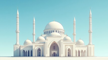 A modern illustration of a mosque with clean lines and minimal colors on a grainy gradient background