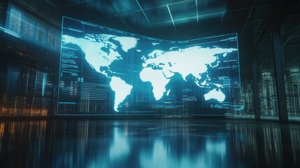 Business charts and world map hologram on modern building background. Business trading concept. Double exposure