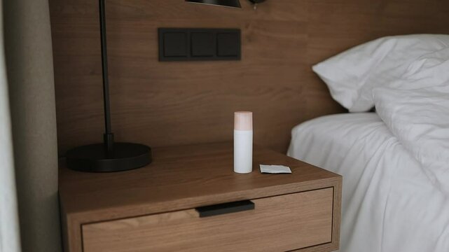 Condom and gel in a bottle in bedside table or nightstand drawer. High quality FullHD footage