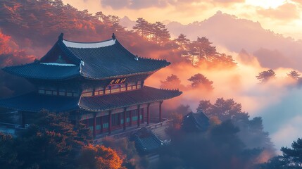 Obraz premium Serene Mountain Temple: Misty Sunrise, Autumn Hues, Traditional Korean Architecture