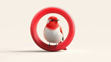 vibrant robin perched inside circular red frame, showcasing its beauty