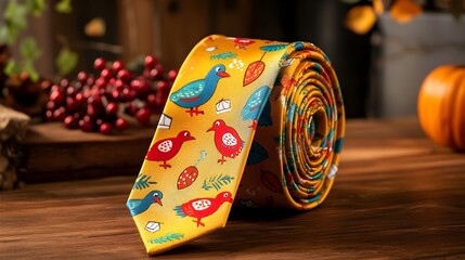A playful Thanksgiving tie featuring whimsical designs of turkeys and pilgrim hats in bright colors, adding a fun and festive touch to holiday attire 