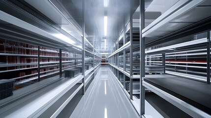 A wide-angle view of warehouse aisles showcasing a systematic arrangement of shelves and products, emphasizing the efficiency and seamless operation of the storage facility 