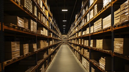 A wide-angle view of warehouse aisles showcasing a systematic arrangement of shelves and products, emphasizing the efficiency and seamless operation of the storage facility 