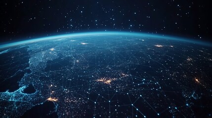 Fototapeta premium A digital representation of Earth from space, showcasing interconnected networks and lights.