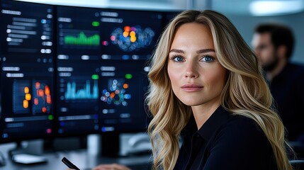 Corporate professionals discussing marketing strategies with digital dashboards, data-driven analysis, collaborative session