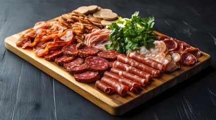 An elegant wooden platter showcasing an assortment of mock meats made from soy protein, artfully arranged and garnished with a sprig of fresh coriander for a vibrant touch 