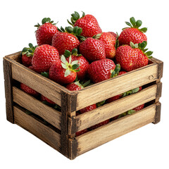 Wooden crate overflowing with fresh strawberries, vibrant red fruit contrasting against a clean white backdrop, inviting and appetizing display