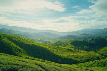 Obraz premium Rolling Green Tea Plantations Under a Sunny Sky