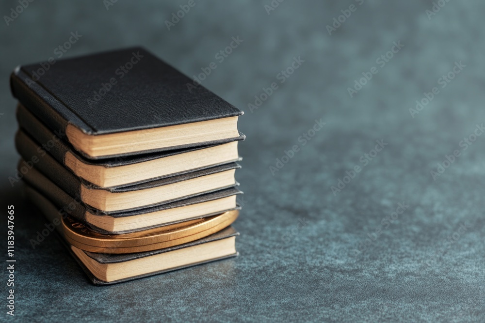 Poster stack of small black notebooks on a textured surface.