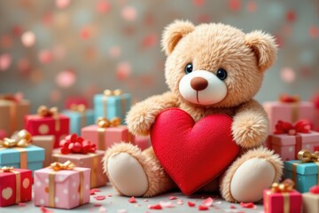 Cute teddy bear holding a heart surrounded by colorful gifts, cheerful mood, symbolizing love, festive background