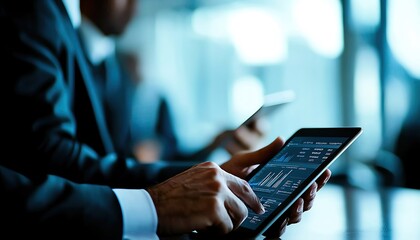 Business team in a collaborative meeting, using interactive tablets and screens for marketing data analysis, modern workspace