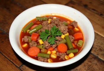 Cozy Kitchen Table Setting with a Delicious Bowl of Weight Watchers Vegetable Hamburger Soup, Featuring Lean Ground Beef and Colorful Vegetables