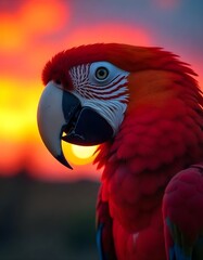 Fototapeta premium dramatic close-up of a scarlet macaw's face against a sunset backdrop, reds and oranges reflecting in its feathers, eyes sharp and expressive, profile showing the curve of its beak against the colorfu