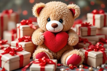 Charming teddy bear with heart surrounded by beautifully wrapped gifts, joyful mood, celebrating love, vibrant background