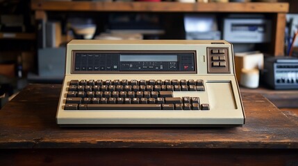 Vintage word processor on desk, workshop background