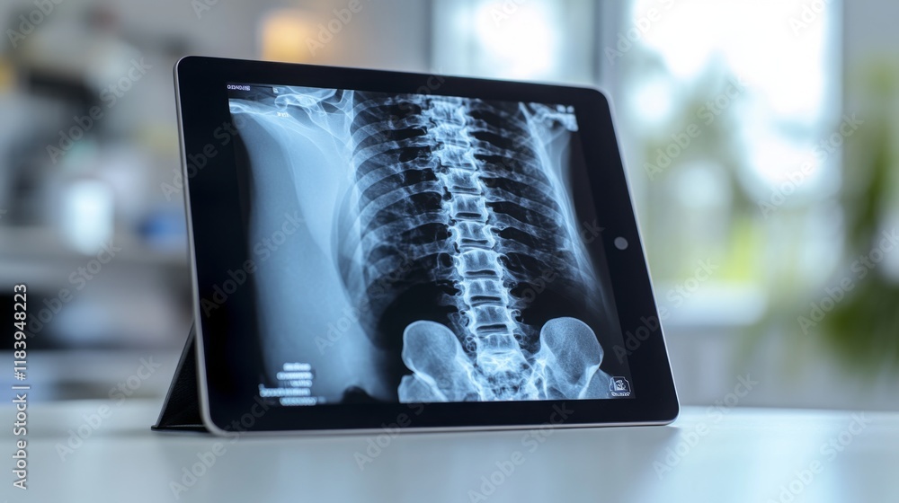 Poster a digital x-ray shows a detailed view of the human spine on a tablet screen. this modern medical set