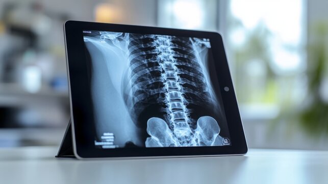 A digital x-ray shows a detailed view of the human spine on a tablet screen. This modern medical setup enhances diagnostics in a clinical environment, showcasing advanced technology in healthcare.
