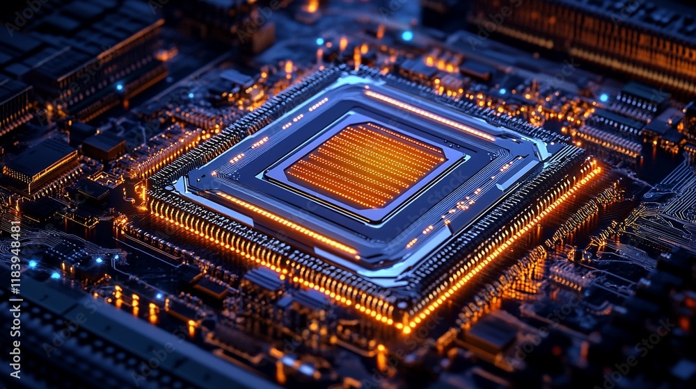 Aufkleber close-up of a glowing computer processor on a circuit board. (1)