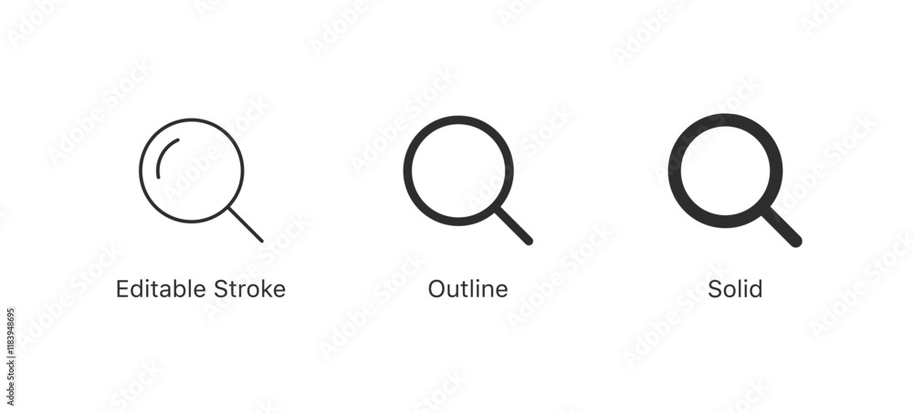 Poster search icon button - magnifying glass loupe sign symbol, magnifier icon . editable stroke icon. outl