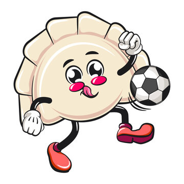recommend clip art: Cute gyoza dumpling vektor illustration mascot character dribbling a football or soccer ball, Xiao Long Bao, Asian, Chinese food, work of hand drawn