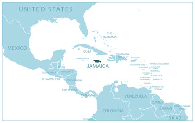 Jamaica - blue map with neighboring countries and country names. Vector illustration