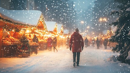 Obraz premium Man walks snowy Christmas market, festive lights, snowfall