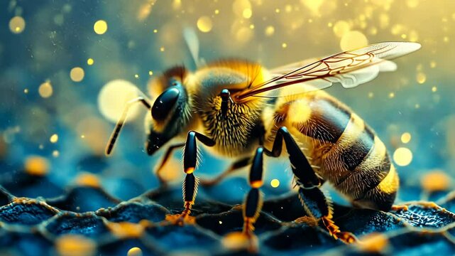 Honey bee collects nectar while shining light enhances its intricate details and environment in a lush garden during late afternoon