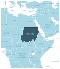 Sudan - blue map with neighboring countries and names. Vector illustration
