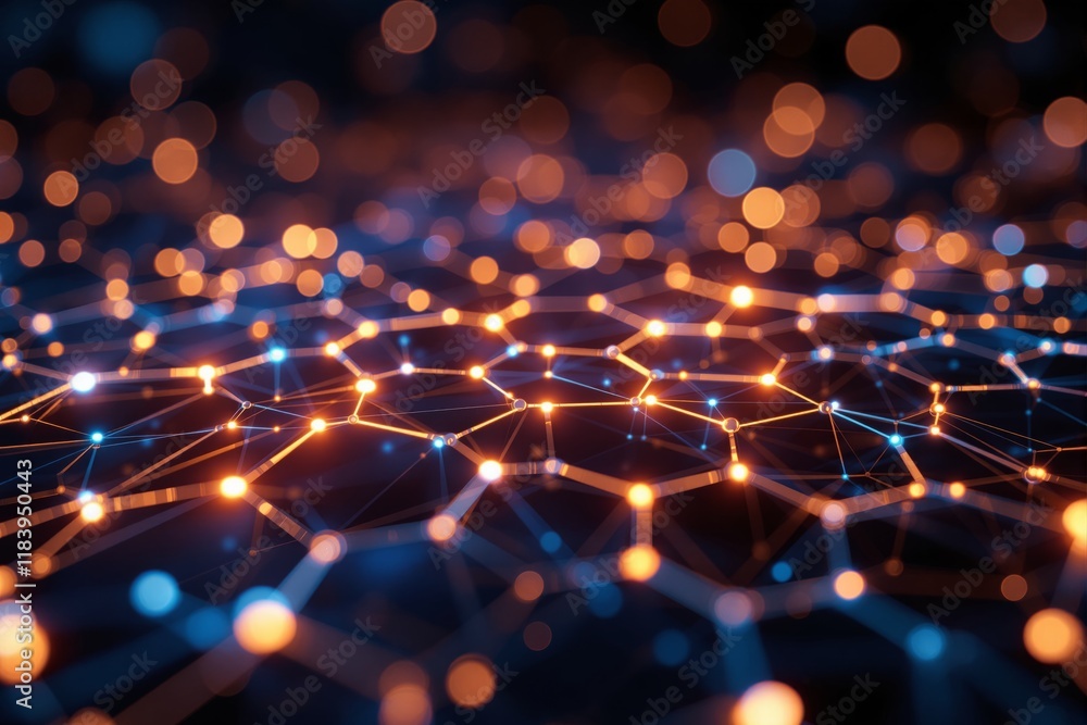 Poster abstract glowing network of interconnected nodes in orange and blue hues, with blurred bokeh lights 