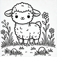 Obraz premium Black white lineart coloring book, cute animal character. Cute Cartoon Character with Big Eyes. Cute lillte sheep coloring book for kids and adult. Simple animal character for coloring book.