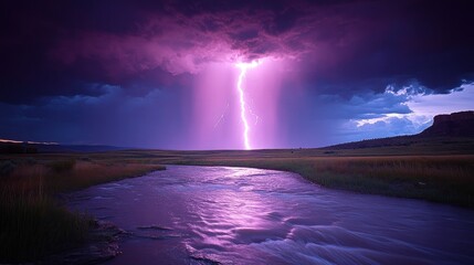Fototapeta premium Purple lightning strike over river.