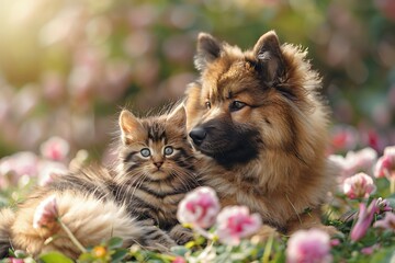 Fototapeta premium A Joyful Puppy and a Curious Kitten Playing Together: Heartwarming and Lively Scene 