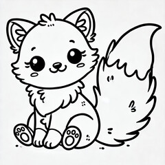 Fototapeta premium Black white lineart coloring book, cute animal character. Cute Cartoon Character with Big Eyes. Cute and friendly baby fox with smiling face coloring book. Simple coloring book dor kids and adult
