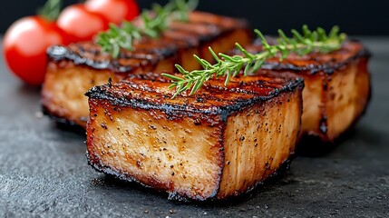 Close-up of four grilled pork belly cubes with rosemary and cherry tomatoes.