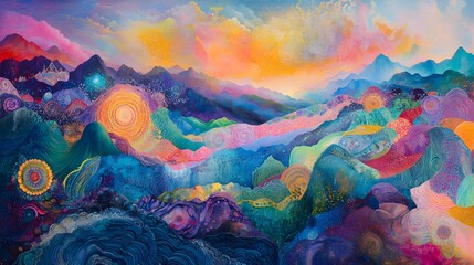 A radiant river of swirling colors flowing through a surreal, abstract landscape with soft, dreamlike shapes, symbolizing the endless and vibrant flow of creativity 