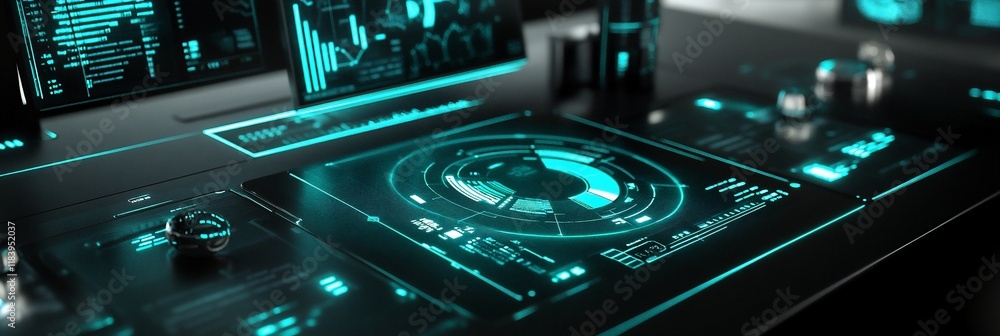Aufkleber futuristic digital interface displays data analytics.