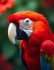 Obraz premium artistic view of a scarlet macaw's face with a blurred colorful background of tropical flowers, focus on eye detail and vibrant feathers, creating an abstract yet recognizable image